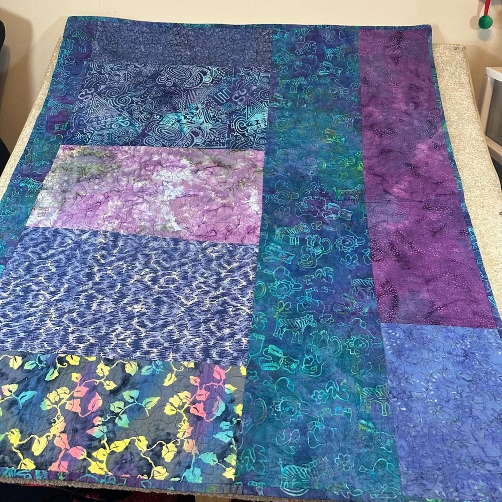 Handmade‎ Batik Animal Patchwork Quilt Blue Purple Pink Nursery Throw Blanket